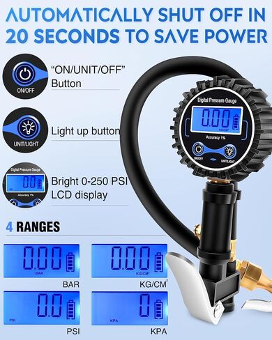 Nilight - 50057A منفاخ الإطارات الرقمي مع مقياس الضغط 250 رطل لكل بوصة مربعة وملحقات الضاغط مع خرطوم مطاطي ومقرنة توصيل سريعة لدقة عرض 0.1 in Saudi Arabia
