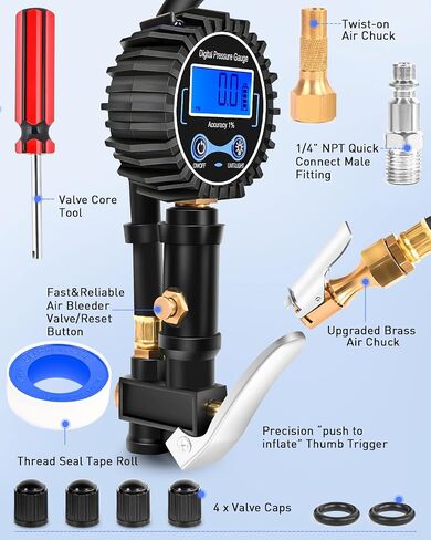 Nilight - 50057A منفاخ الإطارات الرقمي مع مقياس الضغط 250 رطل لكل بوصة مربعة وملحقات الضاغط مع خرطوم مطاطي ومقرنة توصيل سريعة لدقة عرض 0.1 in Saudi Arabia