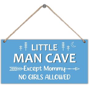 Sahjzk Little Man Cave Hanging Wall Decor, No Girls Allowed Except Mommy Sign, Room Decor for Boys, Fun Boys Only Room Sign for Kids - 12 x 6 In