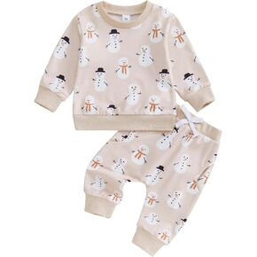 Baby Boy Girl Christmas Outfit Snowman Print Long Sleeve Crew Neck Sweatshirt with Elastic Waist Pant 2Pcs Set