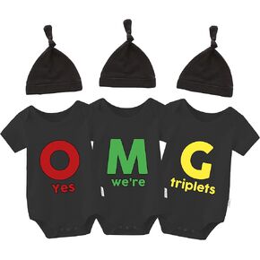 YSCULBUTOL Baby Triplets Bodysuits Omg Cute Outfit Infant Triplets Funny Hat bodysuit Set