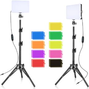 LED Video Light Kit 2Pcs, 6500K Dimmable USB Photography Lighting Kit Streaming Light with 9 Color Filters Adjustable Tripod with Ball Head for Tabletop/Low-Angle Shooting, for Zoom, Game Streaming