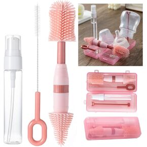 Travel Bottle Cleaner Kit, Anivona 5 in 1 Baby Bottle Cleaner Kit with Extendable Silicone Brush, Nipple Brush, Straw Brush, Soap Dispenser, Drying Rack, Ideal Gifts for Baby Travel Essential (Pink)