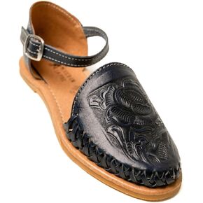 Mexico en la Piel Handmade Leather Flat Sandals for Women - Available in Purple Roman Style and Blue Buckle Style, Floral Die-Cut Design, Comfortable and Casual