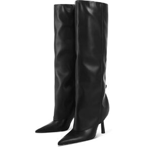 Oiamenne Knee High Boots Women's Fold Over Boots Pointed Toe Stiletto Heel Tall Boots Slip On Sexy Long Boots Fashion Dress Boots for Women