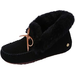 U-lite Women's Moccasin Slippers with Warm Wool Lining, Pigskin Leather Non-Slip Rubber Sole for Indoor and Outdoor Casual Winter Flat Shoes