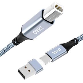 USB B to USB C Printer Cable 1m （3.3 FT ） with USB A to USB C Female Adapter, Compatible with MacBook Pro/Air, Yamaha Piano Keyboard, DAC, iPad DJ Controller MIDI Cable