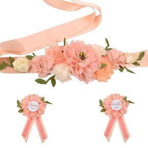 Maternity Sash Set for The Mommy and Daddy-to-be, with Corsage Pin Flowers as Baby Shower Souvenirs.Perfect for Gender Reveal Decorations and Pregnancy Photography Props (Pastel Orange)