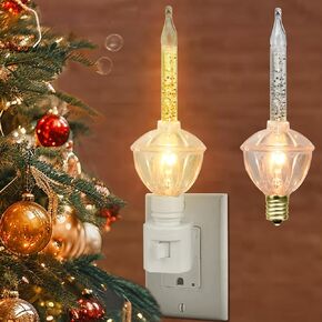Christmas Bubble Light Night Lights, 2 Vintage Clear Bubble Light Bulb with Silver Glitter and Gold Glitter Fluid 5W C7/ E12 Candelabra Base, 1 Pack