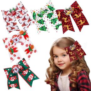 5 Pcs Christmas Hair Clips Big Bow Ribbon Hair Accessories Cute Santa Claus Reindeer Elk Hair Barrettes Holiday Headdress Hairpin for Girls Women Kids Xmas Party Cosplay Gift