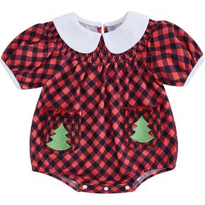 My First Christmas Baby Girl Outfit Short Sleeve Bubble Romper Buffalo Plaid Princess Dress Newborn Winter Clothes