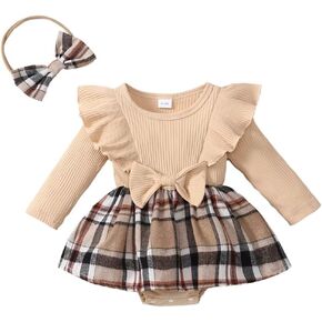 Baby Girl Clothes Fall Winter Outfit Long Sleeve Plaid Romper Dress Ruffles Jumpsuit with Bow Headband