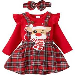 Baby Girl Christmas Outfits Long Sleeve Cartoon Bodysuit Romper Overall Skirt Dress Headband Infant Girl Clothes in Kuwait