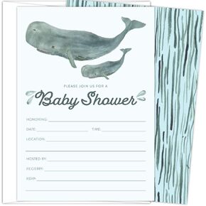 Koko Paper Co Whale Baby Shower Invitations | 25 Fill-in Invitations and Envelopes | Printed on Heavy Card Stock.