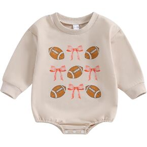 Newborn Baby Girl Football Clothes Football Bow Sweatshirt Romper Long Sleeve Bubble Romper Cute Fall Winter Outfit