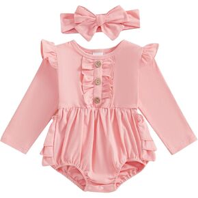 Newborn Baby Girl Outfit Ruffle Bubble Romper Long Sleeve Infant Bodysuit Jumpsuit with Headband Clothes