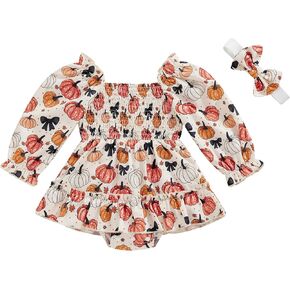 Mubineo Baby Girl Clothes Halloween Romper Dress Outfits Infant Floral Long Sleeve Pumpkin Rompers Princess Cute Outfit