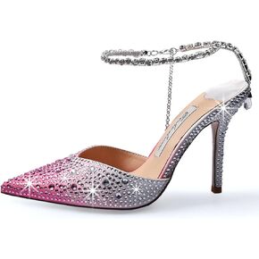 Women's Heeled Sandals Crystal Chain Ankle Straps Rhinestones Buckle High Heels Stiletto Slip On Wedding Party Satin Dress Shoes 3.9 in
