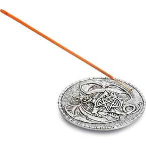 Ajuny Aluminum Round Incense Sticks Holder Burner with Ash Catcher Tibetan Style Tree Mantra Carved Incense Holder Meditation Accessories Spiritual Home Décor (Silver Finish, 10.5 cm)