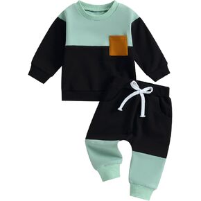 Toddler Baby Boy Fall Winter Outfit Contrast Block Long Sleeve Sweatshirt Pullover Tops Jogger Pants Clothes Set