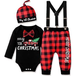My First Christmas Baby Boy Outfit Gentleman Romper Suspender Pants with Hat 3PCS Christmas Clothes 0-12 Months