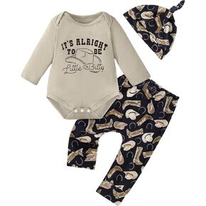 Newborn Baby Boy Western Outfits - Country Cowboy Hat Print Romper Pants with Hat Fall Winter Infant Clothes Set