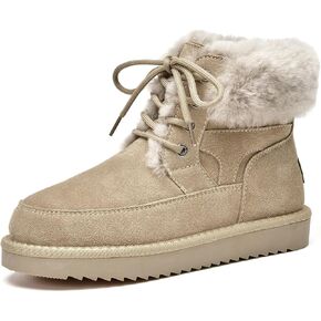BEAU TODAY Womens Winter Snow Boots, Fur Lined Ankle Booties for Women, Chunky Platform Lace-up Boots Shoes Suede Leather Non-slip Warm Winter Shoes