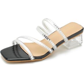 Women's Strappy Heels Low Chunky Block Heel Sandals Square Toe Slip On Slides Mules Party Dress Shoes