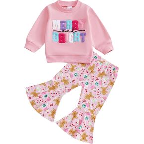 Toddler Baby Girl Christmas Outfit Santa Baby Embroidery Sweatshirt Red Velvet Flare Pants Set Christmas Clothes
