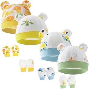 Newborn Baby Hats and Mittens Set Bear Ear Baby Beanie No Scratch Cotton Infant Caps Gloves Newborn Hats for Boys Girls