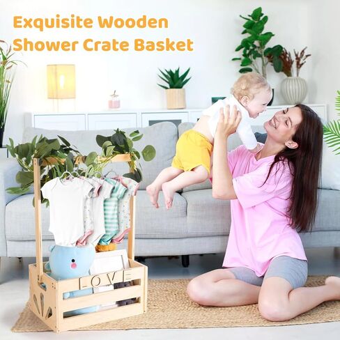 OMISTAR Wooden baby Shower Crate Closet, Wooden Shower Basket with Handle and Garland, Shower Basket Gift, Letters Self Adhesive Gifts Basket for Parents Family in Saudi Arabia