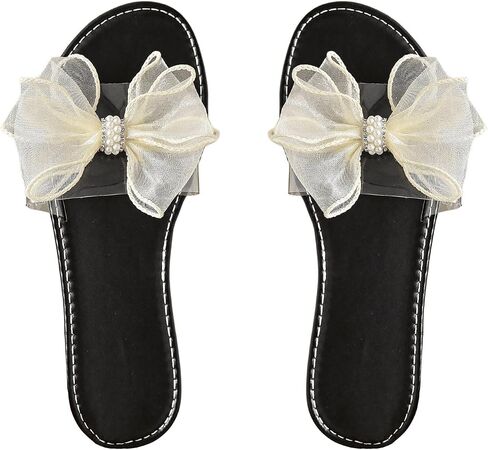 GORGLITTER Women's Pearls Rhinestone Bow Decor Open Toe Flats Round Toe Single Band Slide Sandals in Saudi Arabia