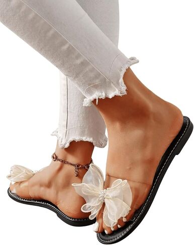 GORGLITTER Women's Pearls Rhinestone Bow Decor Open Toe Flats Round Toe Single Band Slide Sandals in Saudi Arabia