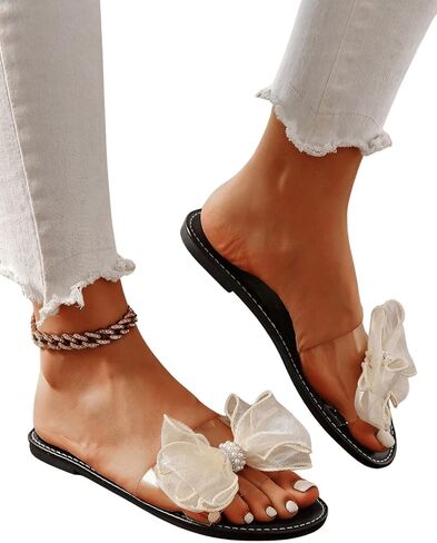 GORGLITTER Women's Pearls Rhinestone Bow Decor Open Toe Flats Round Toe Single Band Slide Sandals in Saudi Arabia