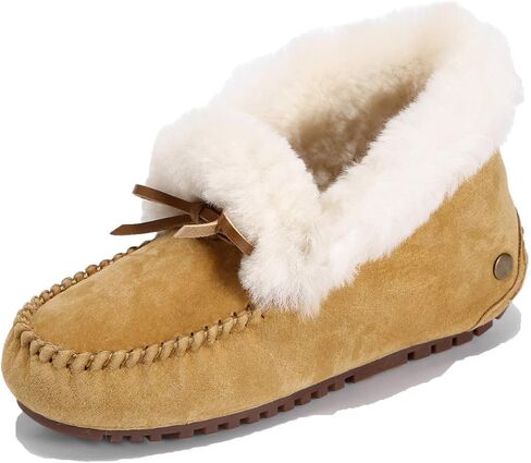 U-lite Women's Moccasin Slippers with Warm Wool Lining, Pigskin Leather Non-Slip Rubber Sole for Indoor and Outdoor Casual Winter Flat Shoes in Kuwait