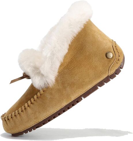 U-lite Women's Moccasin Slippers with Warm Wool Lining, Pigskin Leather Non-Slip Rubber Sole for Indoor and Outdoor Casual Winter Flat Shoes in Kuwait