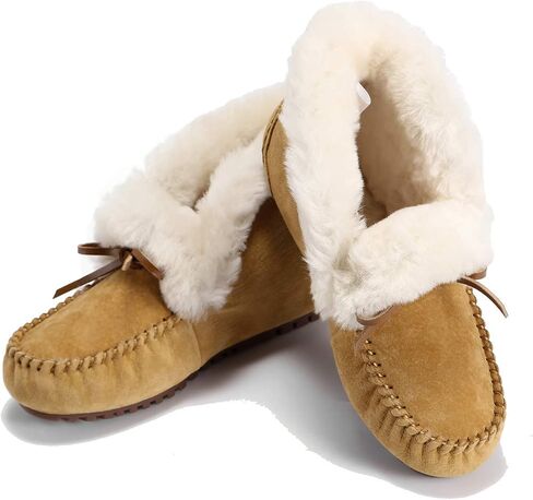 Women's Moccasin Slippers with Warm Wool Lining, Pigskin Leather Non-Slip Rubber Sole for Indoor and Outdoor Casual Winter Flat Shoes in Saudi Arabia
