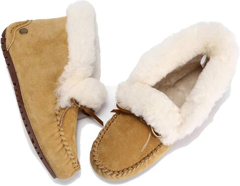 Women's Moccasin Slippers with Warm Wool Lining, Pigskin Leather Non-Slip Rubber Sole for Indoor and Outdoor Casual Winter Flat Shoes in Saudi Arabia