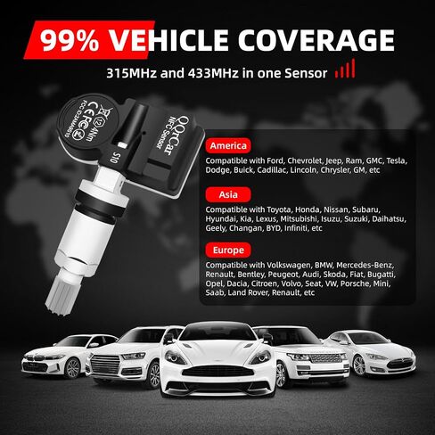 Universal TPMS Sensor Tire Pressure Sensor, QQrCar NFC Mobile Programmable 315MHz + 433MHz TPMS Sensors, OE-Level Tire Pressure Monitoring System Sensor for 99% Vehicles in Saudi Arabia