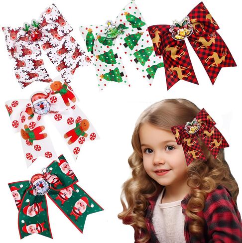 5 Pcs Christmas Hair Clips Big Bow Ribbon Hair Accessories Cute Santa Claus Reindeer Elk Hair Barrettes Holiday Headdress Hairpin for Girls Women Kids Xmas Party Cosplay Gift in Kuwait