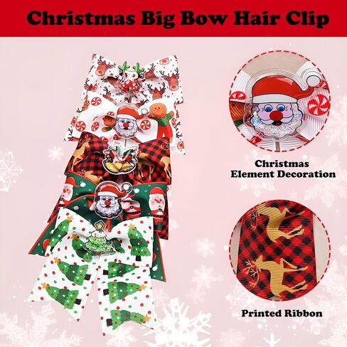 5 Pcs Christmas Hair Clips Big Bow Ribbon Hair Accessories Cute Santa Claus Reindeer Elk Hair Barrettes Holiday Headdress Hairpin for Girls Women Kids Xmas Party Cosplay Gift in Kuwait