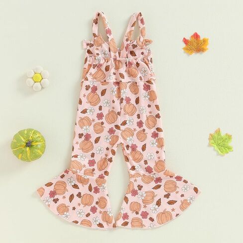 Kayotuas Toddler Baby Girl Halloween Outfit Jumpsuit Sleeveless Floral Pumpkin Ghost Bell Bottom Romper Overalls Fall Clothes in Kuwait