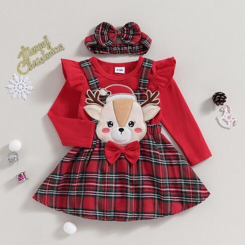 Baby Girl Christmas Outfits Long Sleeve Cartoon Bodysuit Romper Overall Skirt Dress Headband Infant Girl Clothes in Kuwait