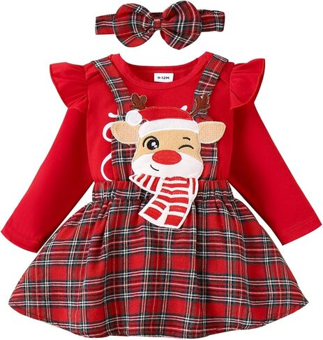 Baby Girl Christmas Outfits Long Sleeve Cartoon Bodysuit Romper Overall Skirt Dress Headband Infant Girl Clothes in Kuwait