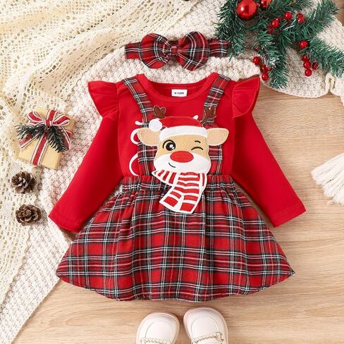 Baby Girl Christmas Outfits Long Sleeve Cartoon Bodysuit Romper Overall Skirt Dress Headband Infant Girl Clothes in Kuwait