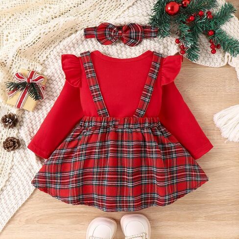 Baby Girl Christmas Outfits Long Sleeve Cartoon Bodysuit Romper Overall Skirt Dress Headband Infant Girl Clothes in Kuwait