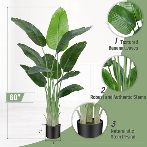 Lifelike Bird of Paradise Artificial Plant,5ft Faux Banana Leaf Tree with 10 Trunks - Perfect Indoor Silk Floor Plant for Home Decor in Living Room, Office, and Bedroom (Set of 2) in Saudi Arabia