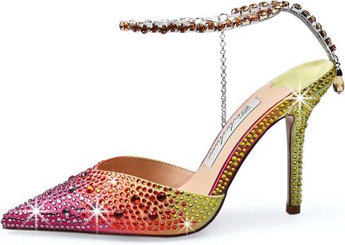 Women's Heeled Sandals Crystal Chain Ankle Straps Rhinestones Buckle High Heels Stiletto Slip On Wedding Party Satin Dress Shoes 3.9 IN in Saudi Arabia