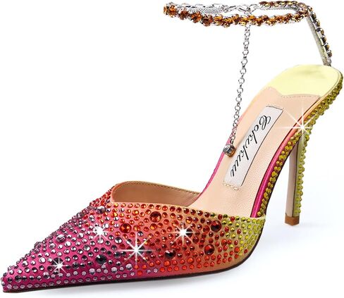 Women's Heeled Sandals Crystal Chain Ankle Straps Rhinestones Buckle High Heels Stiletto Slip On Wedding Party Satin Dress Shoes 3.9 IN in Saudi Arabia