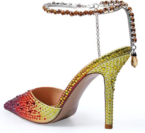 Women's Heeled Sandals Crystal Chain Ankle Straps Rhinestones Buckle High Heels Stiletto Slip On Wedding Party Satin Dress Shoes 3.9 IN in Saudi Arabia